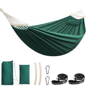Chihee Coton Hamac Grand hamac Souple Respirant Hamac de Camping Peut Supporter jusqu'à 300KG Hamac d'arbre Portable avec Barre d'écartement détachable Oreiller 2 Sangles Solides 2 mousquetons (Tokeda, neuf)