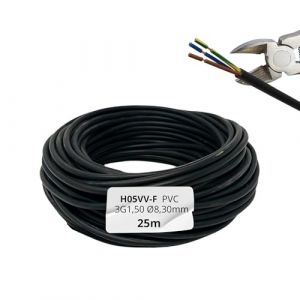 HALOTEC | C&acirc;ble Flexible 25m 3x1,5 mm&sup2; Noir | Tuyau Rond PVC H05VV-F | Cuivre Classe 5 | Cordon &Eacute;lectrique pour Luminaires, Maison et Bureau | Accessoire D&eacute;coration Int&eacute;rieure | 300/500 V (Krealo Home, neuf)