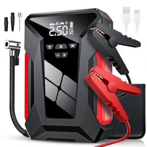Booster Batterie Voiture, Compresseur d'air Multifonctionnel 4 en 1, 12V 1200A Demarreur Batterie Voiture avec Gonfleur 150 PSI, avec Lampe LED& Pinces de Sûreté Intelligentes (EagerMinds, neuf)