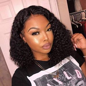 TOOCCI 13 X 4 Lace Frontal Wig Cap Braids Wig Human Short Bob Afro Kinky Curl Perruque Bresilienne Cheveux Naturels Br&eacute;silienne Natural Hair Wigs (14 pouce) (Toocci, neuf)