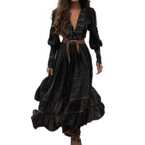 Robe Longue Femme Rétro- Robe Sexy Chic Col en V Et Manches Longues Pretty De Style Pastoral Fleurs Boheme Taille Haute Baggy Vacances Plage Banquet Chic Et Elegan d'automne Ete (Hrihua, neuf)