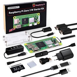 GeeekPi Raspberry Pi Zero 2 W Starter Kit,with RPi Zero 2 W Case,32GB SD Card Preloaded OS,QC3.0 Power Supply,20 Pin Header,Micro USB to OTG Adapter,HDMI Cable,Heatsink,on/Off Switch Cable (GeeekPi-FR, neuf)