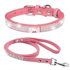 FUNAT Collier de Chien Strass + Laisse, Collier de Chien avec N&oelig;ud en Cristal, Laisses de Collier de Chien Strass, Collier en Strass pour Chien Mignon (FUNAT-EU, neuf)