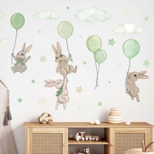 Wally Fox - Sticker mural chambre d'enfant - Tatouage mural chambre de b&eacute;b&eacute; - Non toxique, s&ucirc;r, puissant - 29 pi&egrave;ces autocollantes, lapins avec ballons, lapins - Vert, Cr&egrave;me, Beige (Mini Dekor, neuf)