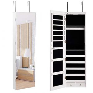 COSTWAY Armoire à Bijoux Mural avec Miroir et Lumière LED Armoire de Rangement Accrochée à La Porte 120 x 36 x 10 cm (Blanc) (FDS GmbH, neuf)