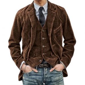 Nbzsmlkn Veste Et Gilet Vintage Daviro,Veste en Velours C&ocirc;tel&eacute; Vintage pour Homme,Veste De Costume D&eacute;contract&eacute;e &agrave; Revers Crant&eacute;s,Ensemble Veste Et Gilet Vintage Slim Fit &agrave; Un Bouton (Marron,XL) (Lingbao Kusidi Trading Co., Ltd, neuf)