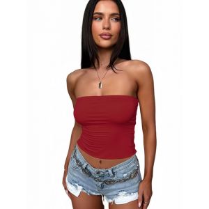 Sukiglam Bandeau Tube Top Femme Sexy Hauts &Eacute;t&eacute; sans Bretelles D&eacute;bardeur sans Manches Court Basic Crop Tops &Eacute;lastique Slim Fit Shirt Dos Nu Y2K Casual Couleur Unie Bustier Sport Chemise (Sukiglam Store, neuf)