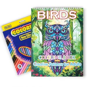 Livre de coloriage pour adultes, 20 motifs uniques &agrave; colorier, livre de coloriage pour adultes avec 24 crayons de couleur pour se d&eacute;tendre, cadeau de dessin cr&eacute;atif pour enfants (Oiseau) (QHHYGYP, neuf)