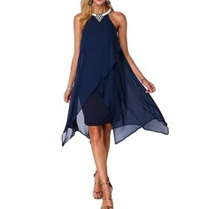 Minetom Robe Femme Robe De Cocktail Asym&eacute;trique Au Genou sans Manche Mousseline De Soie Cocktail Bal Mariage Courte Robes F&ecirc;te A Bleu Fonc&eacute; L (B.W.S KIT, neuf)