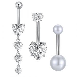 Besyvvin 3Pieces Argent Piercing Nombril 10mm Acier Chirurgical Cœur Pendentif Piercing Ventre 14G Perle Belly Piercing Bijoux Femme (WeSiwon, neuf)