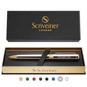 Scriveiner Stylo à bille Chrome Argent personnalisé - Stylo de luxe, finition or 24K, recharge en encre Schmidt, meilleur cadeau gravé pour hommes et femmes, gravure personnalisée du nom. (SCRIVEINER, neuf)