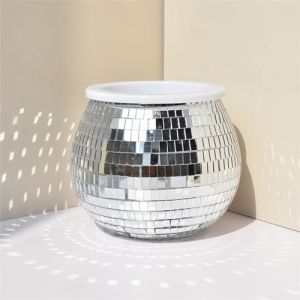 Pot de Fleurs Disco en Verre - Miroir Argent&eacute;, Support de Plante, Vase &agrave; Boule, D&eacute;coration Moderne en Plastique pour Int&eacute;rieur et Jardin, 10,2 x 12,7 cm (Qiumy, neuf)