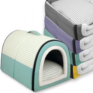 Grand lit 2 en 1 pour chien - Niche d'extérieur pour animal domestique - Imperméable - Tapis apaisant amovible - Pliable et lavable - Igloo intérieur - Antidérapant - Taille S : 35 x 27 x 25 cm - Vert (Waigg Kii, neuf)