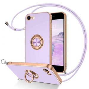 DUEDUE Coque pour iPhone 7/8/SE Cordon avec Anneau Rotatif, Protection Caméra Fine Doublure Microfibre Anti-Rayures, Coque Bague avec Corde Bandoulière Réglable pour iPhone 7/8/SE 2020/2022, Violet (XL-Direct, neuf)