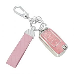 SparkleJoy Coque Cl&eacute; Voiture TPU avec Porte-Cl&eacute;s en Cuir,Etui Cl&eacute; &Eacute;tui Cl&eacute; Compatible avec VW Polo, Skoda, Fabia, Golf 4/5/6, T5, Multivan,Couvre Clef Cache Cle Voiture Tel&eacute;commande,Flip Key (Rose) (AutoVeloce Europe, neuf)