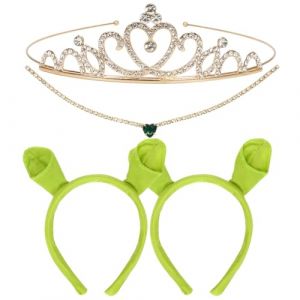 Augesak Costume Shrek,ensemble costumes Shrek Fiona 4 pi&egrave;ces vert,bandeau oreilles d'ogre 2 pi&egrave;ces, couronne et collier Fiona,pour d&eacute;guisements, carnaval,d&eacute;guisement cosplay Halloween (JINGMINGHE, neuf)