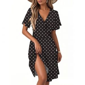 G&eacute;n&eacute;rique Robe de Femme Boheme Vetement Robe de Bal Cocktail Chic Elegant Mi Longue Fluide Femme Fleurie Manche Courte Ensemble Portefeuille Col V Robes de Femmes de Plage Soiree (B Black,Medium) (QU-XINYU, neuf)