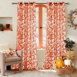 MRTREES Rideau Voilage Orange Rouge Transparent 140x240 CM Salon Moderne Lot de 2, Rideau en Voile Motif Imprimé Feuilles Blanches Rideaux Voilages Intérieurs à Oeillets pour Porte Fenetre Chambre (MRTREES HOME, neuf)
