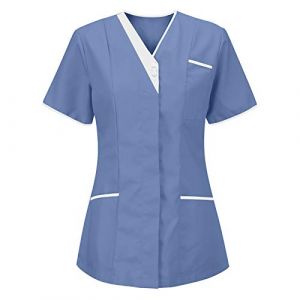 Tunique Médicale Femme Col en V Blouse Medicale Femme Banche Manche Courte Uniforme de Travail Blouse Infirmiere Uniforme Femme Esthéticienne Professionnelle D'infirmière Uniforme de Travail 2024 (?????Zeiayuas(5-15 jours Arrivé), neuf)