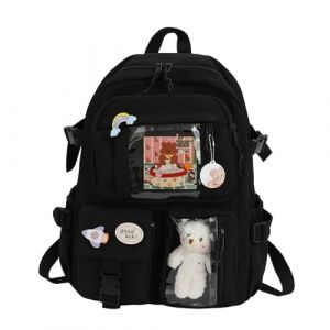 Sac &agrave; dos Kawaii pour L'&eacute;cole, Sac &agrave; dos Mignon avec Accessoires Kawaii, Broche et Pendentif,Animal en Peluche (Black) (wulizizi, neuf)