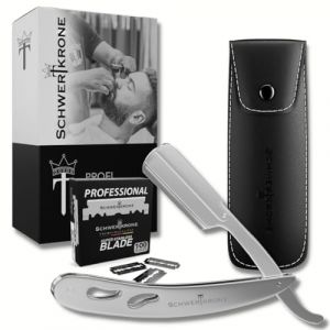 Schwertkrone Ensemble de Rasage Traditionnel - Kit Professionnel avec Rasoir en Inox, 100 Demi-Lames Derby & Étui de Protection, Expérience de Rasage de Qualité (Schwertkrone, neuf)