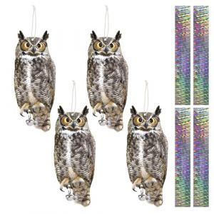 Lifreer Lot de 4 dispositifs r&eacute;fl&eacute;chissants anti-oiseaux en forme de chouette &agrave; suspendre - D&eacute;coration de chouette pour le contr&ocirc;le des oiseaux avec ruban r&eacute;fl&eacute;chissant - Leurres en chouettes (CrownBaby, neuf)