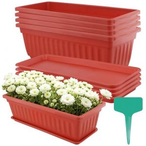 CHUENKUK Lot de 5 Jardini&egrave;res Rouges avec Soucoupe en Plastique, Jardinieres Exterieur avec 25 &eacute;tiquettes Vertes, bac &agrave; Fleurs, &agrave; Balcon, &agrave; Plantes, Rectangulaire, 43 x 18 x 14 cm (JAPCHET, neuf)