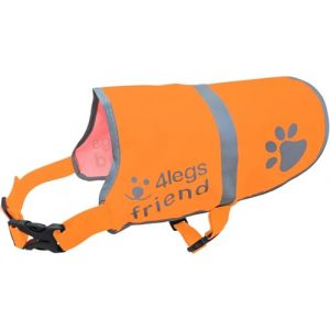 Gilet de sécurité réfléchissant léger avec Trou pour Laisse - 5 Tailles - Sangles réglables à Boucle, Haute visibilité - Protège Votre Chien des Voitures et des Accidents de Chasse (Medium, Orange) (4LegsFriend, neuf)