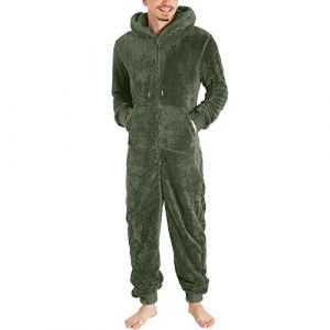 YOSUWOAI Combinaison en polaire pour homme - Pyjama une pi&egrave;ce moelleux et doux - Combinaison douillette et chaude - Pyjama confortable - Pyjama d'hiver long avec capuche, O Arm&eacute;e Vert, 3XL (LDeianp, neuf)