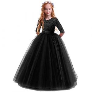 FYMNSI Robe Enfant Fille Ceremonie Anniversaire de Princesse d'honneur Mariage Bowknot Manches 3/4 Longue en Dentelle Robe Tutu Tulle de Soir&eacute;e Bal Partie Formelle Carnaval Noir 5-6 Ans (FYMNSI store, neuf)