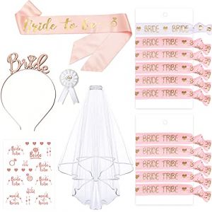 16PCS EVJF Accessoire, Enterrement de Vie de Jeune Fille Accessoire, Kit Bracelet EVJF avec 10 Bracelet, 1 Bracelet Future Mariée, Écharpe, Badge, Voile Mariée, Bandeau Diadème, Tatouage (Mytovosn, neuf)