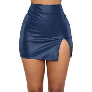 Panegy Mini Jupe en Cuir Synth&eacute;tique - Fendue, Moulante, Taille Haute, D&eacute;contract&eacute;e, Skinny - Bleu, XXL (QINGYUEEU, neuf)