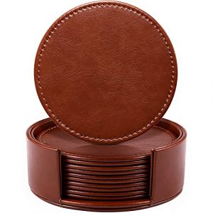 LAMOTI Lot de 6 Dessous de Verre en Cuir pour Boissons, 10,2 cm avec Support pour Protection de Table, Fait à la Main, décoration d'intérieur Luxueuse et Cadeau de Pendaison de crémaillère (Marron) (LSP66, neuf)