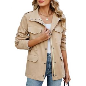 CMTOP Veste Femme mi Saison Court L&eacute;ger Blouson en Coton, D&eacute;contract&eacute; &Eacute;l&eacute;gante Jacket Saharienne Veste Manteau avec Multi Poches pour Printemps &Eacute;t&eacute; Automne(Kaki Clair,M) (Lemens, neuf)