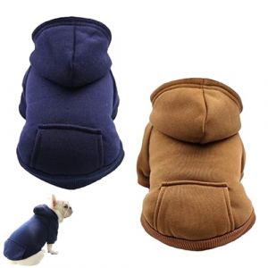 Lot de 2 sweats &agrave; capuche chauds pour chien - Pour temps froid - Manteau d'hiver chaud doubl&eacute; en polaire avec poches - V&ecirc;tements pour animaux de compagnie - Chiot et chat - Bleu fonc&eacute; + marron, taille (Canadian Store-Tkx, neuf)