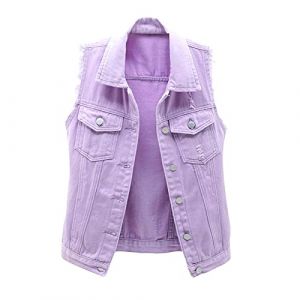 Gilet en Jean Femme Denim Veste sans Manche D&eacute;chir&eacute; Boutonn&eacute; Violet M (light-in-the-dark, neuf)