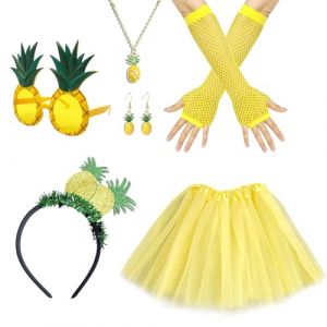 UILYNIU 8 Pcs Accessoires Costume Ananas Diadème Ananas Lunettes de Soleil Ananas Boucles Oreilles Ananas Collier Aananas Gants Jaune Tutu Jaune Déguisement Hawaïen Femme pour Fête Carnaval(8 Pcs) (XIMO EU, neuf)
