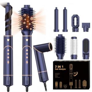 Pro Air Brush 7 en 1 Brosse Soufflante Air Styler Sèche-cheveux Ionique Haute Vitesse [110,000 tr/min] avec 7 Accessoires de Coiffure - Coffret Cadeau pour Femmes Ensemble de Brosses à Air Chaud, Bleu (ukliss beauty, neuf)