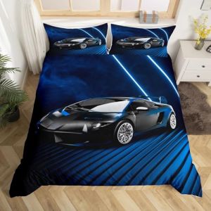Homewish Housse de Couette 140x200 Enfant Voiture de Course, Parure de Lit Ado Garçon Voiture de Course, Sets de Housses de Couettes Voiture de Sport Extrême Couvre Lit Rayures Géométrique Bleu (Suzhou yiyanyun e-commerce Co., Ltd, neuf)