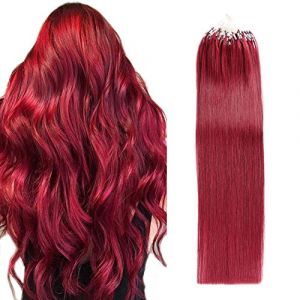 FUIBEJAE Micro anneau boucle v&eacute;ritable Extensions de cheveux humains Micro lien Remy cheveux poisson ligne vin rouge droit Micro perle extension pour femmes 50G 100 brins,Wine red,16inch(40cm) (SHUOCHENGUK, neuf)