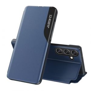 EASSGU Coque en Cuir pour Samsung Galaxy S24 FE (6.7" inches) fen&ecirc;tre lat&eacute;rale Flip Cuir PU Holder Housse de r&eacute;sistant Aux Rayures et Aux Chocs Protection Case - Bleu (EASSGU, neuf)