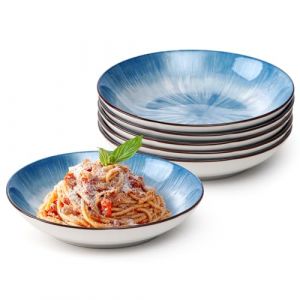 NUTRIUPS 20.5cm Assiettes &agrave; P&acirc;tes Lot de 6, 500ml-16oz Assiette Creuse, 8'' Assiettes &agrave; Soupe en Porcelaine, Convient &agrave; Micro-ondes et Lave-vaisselle (Bleu) (DMAR, neuf)