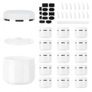 MirraSwit 15 Pièces 50ml Contenant Cosmetique Vide, Blanc Pot Vide Cosmétiques, Pots de Crème de Cosmétiques en Réutilisable Plastique, avec Spatule et Étiquette, Stylo pour Crème Lotion (HONGQISHUN, neuf)