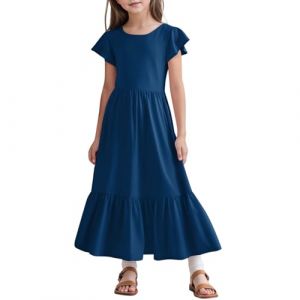 SoLu DAY8 Robe Longue Fille Princesse Ete sans Manche à Volants Pas Cher Col Rond Robe Enfant Fille Chic Et Elegant Anniversaire Ceremonie Soirée Casual Vacances 6-13 Ans (Navy, 8-9Years) (SoLu DAY8, neuf)