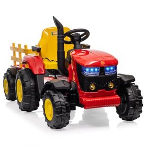 Tracteur &eacute;lectrique pour enfants, batterie 12 V avec t&eacute;l&eacute;commande, tracteur avec remorque &agrave; chevaucher, double moteur de 35 W, musique Bluetooth/USB, bo&icirc;te de vitesses &agrave; 3 vitesses, lumi&egrave;res &agrave; 7 LED (ZSHIC LTD, neuf)