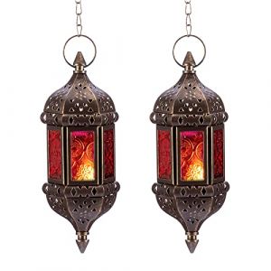 Nuptio Lanterne À Bougie Marocaine Suspendue Bougeoirs 2 Pièces Métal et Verre Lampe Ramadan Marron Lanternes Décoratives pour Bougies pour Salon Balcon Terrasse Halloween Décorations de Noël (BeautyTime24, neuf)
