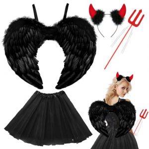 Costume de Diable Femme Noir, Jupe avec Tutu, Ailes de Diable, Aur&eacute;ole et Baguette Magique, Ailes d'Ange Costume Noir Ailes Tutu-Jupe, Costumes d'Halloween Adulte Ange-D&eacute;mon-Noir-60cm (AMS-EU, neuf)