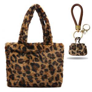 KASESSS Sac Fourre Tout &agrave; Imprim&eacute; L&eacute;Opard Avec Mini Porte-Cl&eacute;S L&eacute;Opard, Sac A Main Femme &eacute;L&eacute;Gant En Peluche Tendance Tote Bag Avec Fermeture, Totebag Et Accessoire Breloque Pour Sacs (KASESSS, neuf)