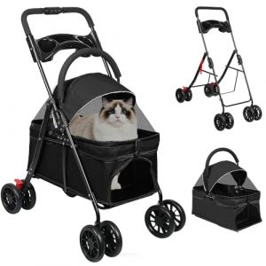 OHMG Poussette Chien 3-en-1, Poussette pour Chat Pliable, Panier de Rangement, Fen&ecirc;tre en Filet, pour Petits Chiens et Chats, Jusqu'&agrave; 25 kg, 4 PCS Roues R&eacute;sistant &agrave; l'Usure &agrave; 360&deg; (jusiZL, neuf)