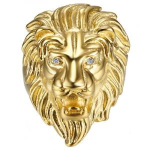BOBIJOO Jewelry - Bague T&ecirc;te de Lion Homme Yeux Faux Diamants Acier Inoxydable Plaqu&eacute; Dor&eacute; Or - 73 (14 US) (ANGELYK, neuf)